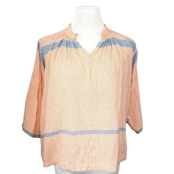 Apiece Apart Agata Shirred Boxy Flowy Blouse in Cote Stripe Orange Blue White 4 - Picture 3 of 13